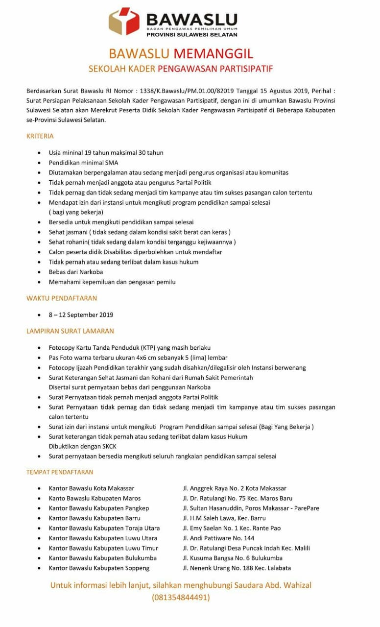 BAWASLU MEMANGGIL SEKOLAH KADER PENGAWASAN PARTISIPATIF