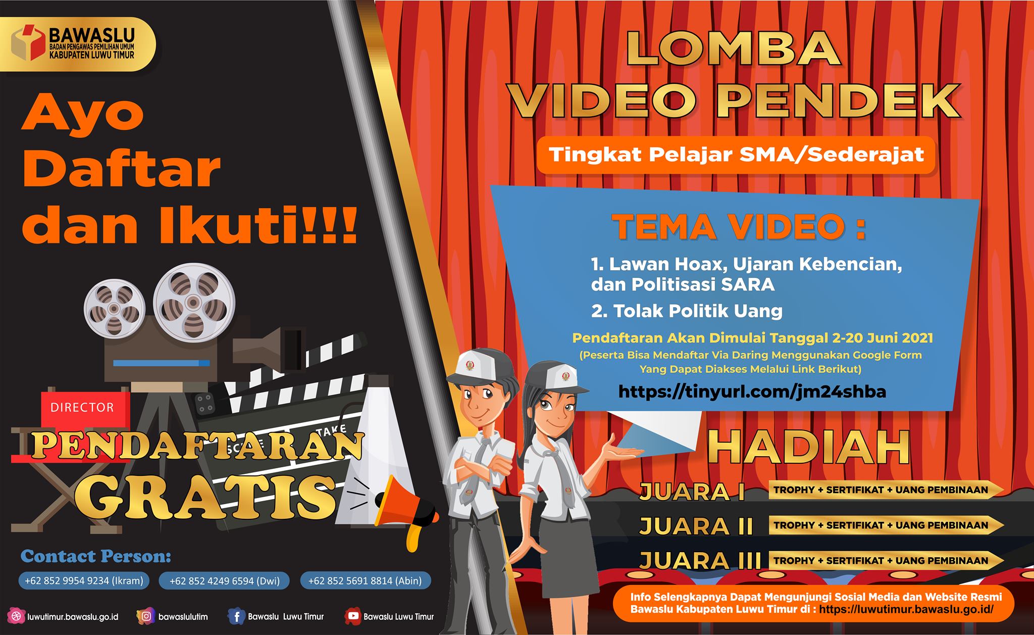 Bawaslu Luwu Timur Gelar Lomba Video Pendek Tingkat Pelajar SMA/Sederajat, Berikut Syarat & Hadiah Lombanya !